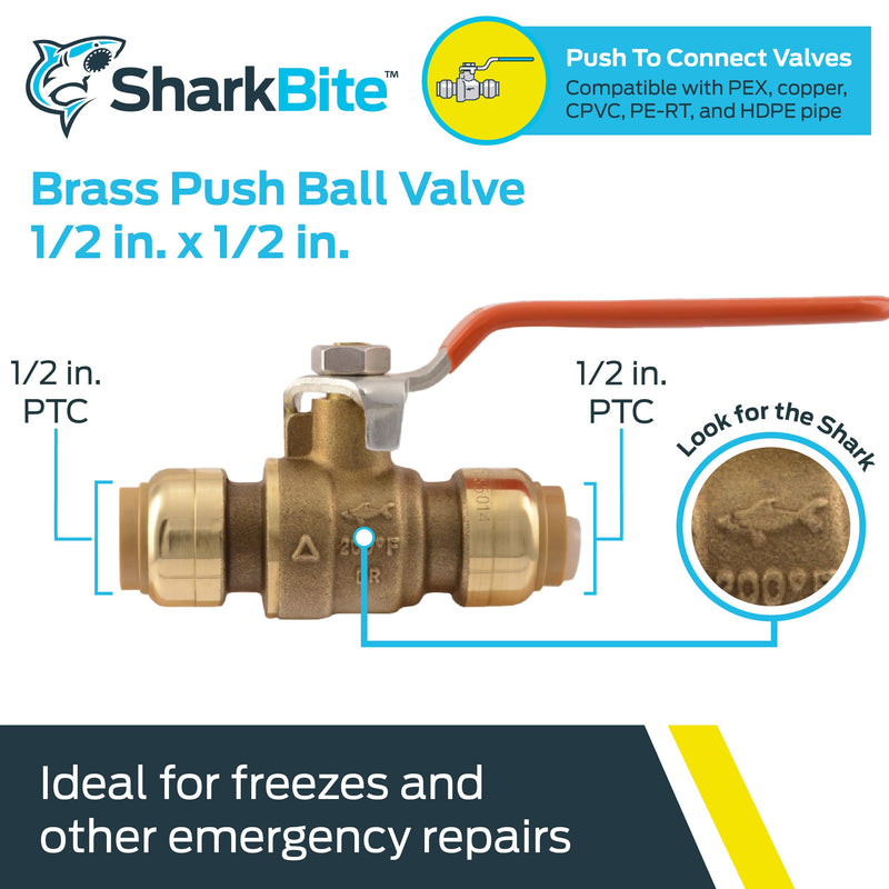 [Australia - AusPower] - SharkBite 1/2 Inch Ball Valve, Push to Connect Brass Plumbing Fitting, Water Shut Off, PEX Pipe, Copper, CPVC, PE-RT, HDPE, 22222-0000LFA 