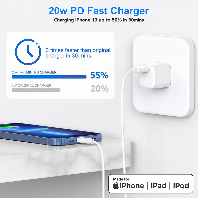 [Australia - AusPower] - iPhone 13 12 Fast Charger - MFi Certified - 20W USB C Nano Wall Charger with 6.6Ft USB C Cable Compatible with iPhone 13/13 Min/13 Pro/13 Pro Max/12 11 Xs XR X SE 8 iPad Air&Mini AirPods White 