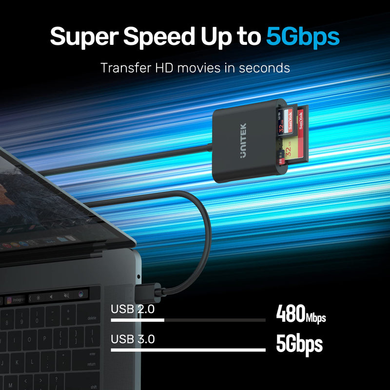 [Australia - AusPower] - Unitek USB Card Reader 3-Slot USB 3.0 Compact Flash Card Reader, Read 3 Cards Simultaneously, Aluminum Memory Card Adapter CF, TF, SDXC, SDHC, SD, Micro SDXC, Micro SD, Micro SDHC- 4FT (Black) 4ft / Black / USB-A 