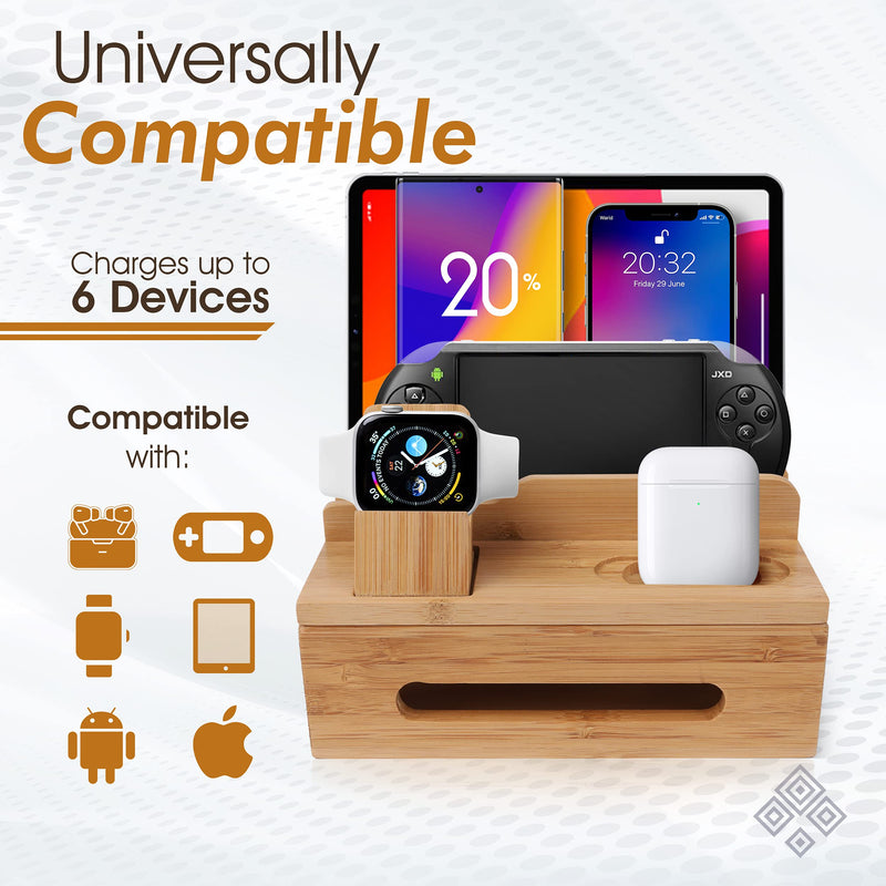 [Australia - AusPower] - komonotown Natural Bamboo Charging Station for Multiple Devices, Docking Station Organizer for iPhone, Smart Watch, Tablet, Airpod - for Bedside, Desk (No USB Hub) 