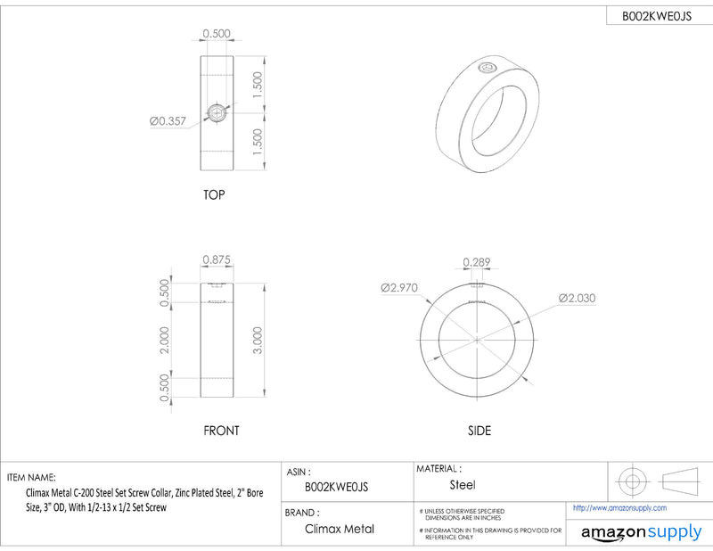 [Australia - AusPower] - Climax Metal C-200 Steel Set Screw Collar, Zinc Plated Steel, 2" Bore Size, 3" OD, With 1/2-13 x 1/2 Set Screw 