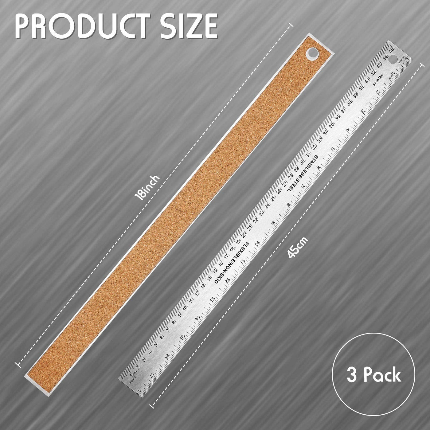 3 Pieces Stainless Steel Cork Back Rulers Metal Ruler Set Non Slip