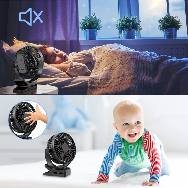 [Australia - AusPower] - ATEngeus USB Desk Fan, 5000mAh Rechargeable Portable Fan, 5 Inch Clip-on Fan, 3 speed strong airflow, Dual 360° Rotation, with USB data cable, Suitable for home, office and stroller. (black) TF-28B-5'' 