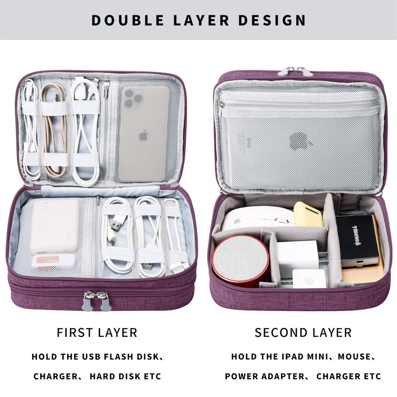 [Australia - AusPower] - Travel Cable Organizer Bag, Electronic Accessories Case Portable Double Layer Cable Storage Bag for Cord,Phone,Charger, Flash Drive, Phone, SD Card,Personal Items - (Purple) S Purple 