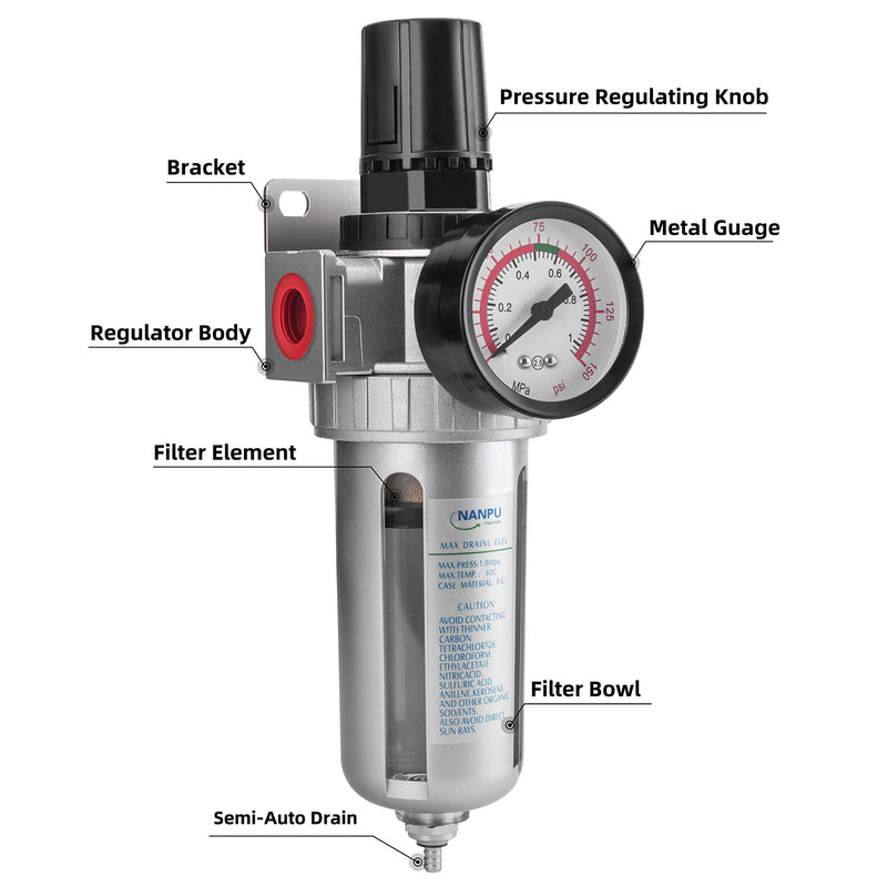 [Australia - AusPower] - NANPU 1/2" NPT Compressed Air Filter Regulator Combo, Air Filter Pressure Regulator Gauge Kit Water Separator w/Pressure Gauge, 150PSI 