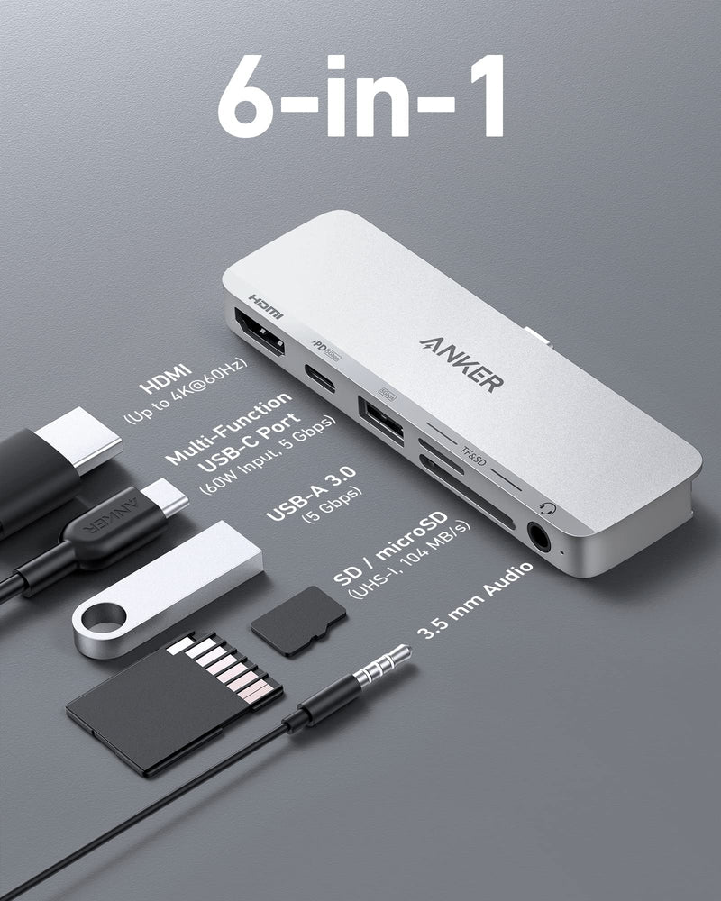 [Australia - AusPower] - Anker USB C Hub for iPad, 541 USB-C Hub (6-in-1), with 4K HDMI Port, Multi-Function USB-C Port, USB-A Data Port, SD and microSD Card Slots, and 3.5 mm Audio Jack (Silver) Silver 