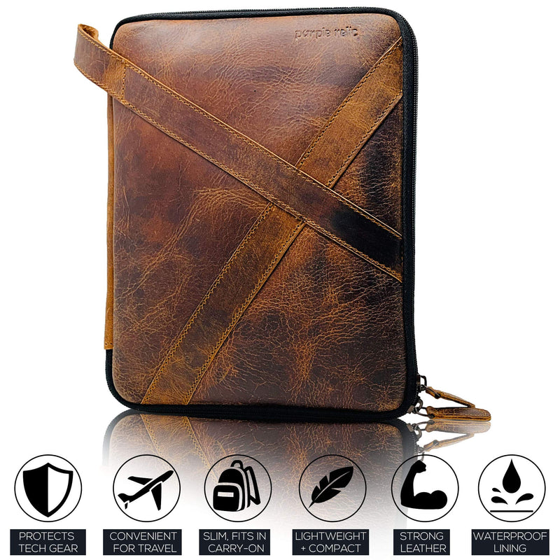 [Australia - AusPower] - Genuine Leather Tablet Case - Electronics and Cable Organizer for Desk and Travel - Holds 9.7-inch Tablet, Passport, Cords and Tech Accessories 