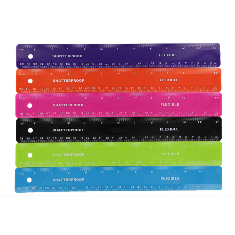 [Australia - AusPower] - Emraw 12 inches (30 cm) Shatterproof Flexible Rulers Designed in Black, Blue, Green, Pink, Purple, and Orange - Great for School, Home, & Office – (6 Pack) 