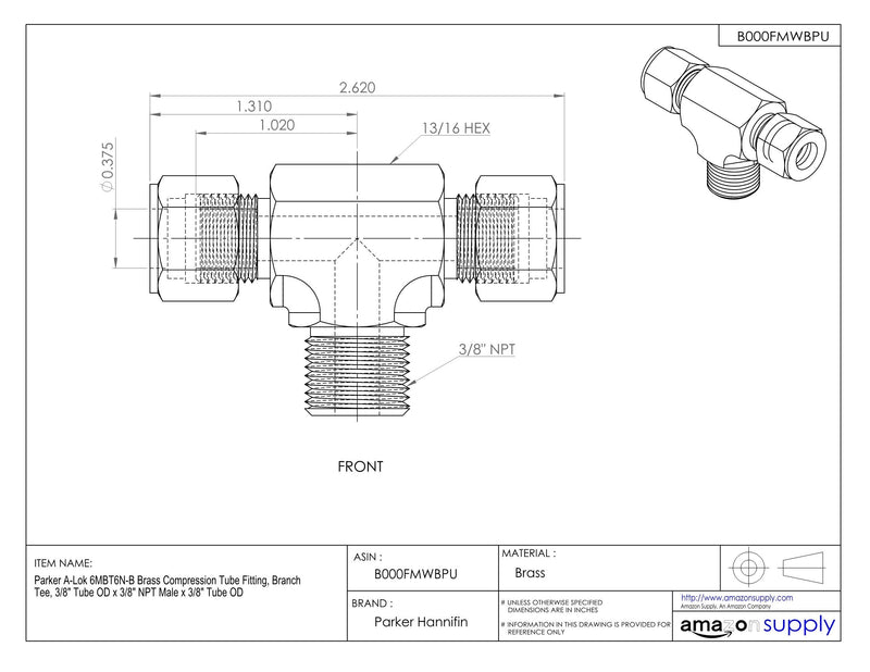 [Australia - AusPower] - Parker A-Lok 6MBT6N-B Brass Compression Tube Fitting, Branch Tee, 3/8" Tube OD x 3/8" NPT Male x 3/8" Tube OD 3/8" x 3/8" NPT Male x 3/8" 