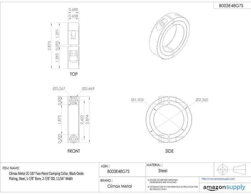 [Australia - AusPower] - Climax Metal 2C-187 Two-Piece Clamping Collar, Black Oxide Plating, Steel, 1-7/8" Bore, 2-7/8" OD, 11/16" Width 