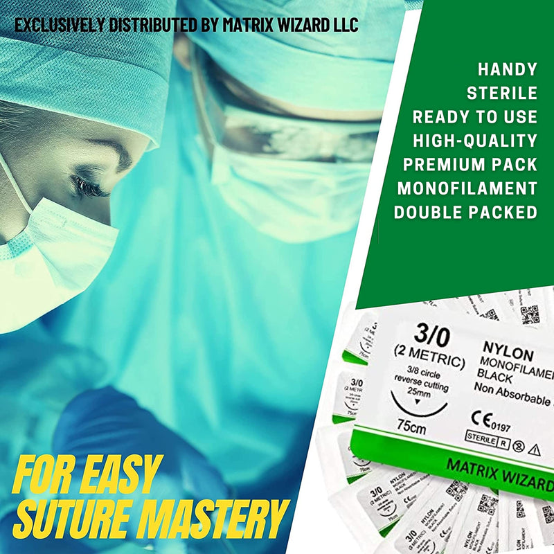 [Australia - AusPower] - 3-0 Sterile Sutures Thread with Needle (Black Monofilament) - Medical and Nursing Student's Surgical Practice Suture Kit, Training with Stitching Pad, First Aid Field Emergency Demo, Vet Use 