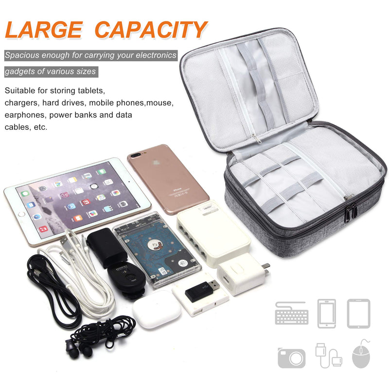[Australia - AusPower] - Electronic Bag Travel Cable Accessories Bag Waterproof Double Layer Electronics Organizer Portable Storage Case for Cable, Cord, Charger, Phone, Adapter, Power Bank, Kindle, Hard Drives Grey 