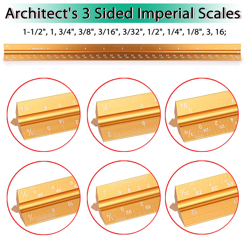 [Australia - AusPower] - OwnMy 3 Pack 12 Inch Solid Aluminum Triangular Architect Scale Ruler Set, Architectural and Engineer Scale Ruler Set, Professional Etched Scales Drafting Rulers for Blueprints Civil Engineer, Gold 