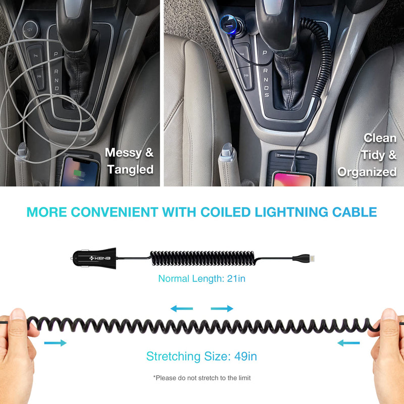 [Australia - AusPower] - iPhone Car Charger - 24W/4.8A Fast Car Charger Adapter with Built-in Coil Cord, Lightning Fast Charging for iPhone 13/12/11/Xs/XS Max/XR/X/8/7/6s/6 Plus and Universal USB Port for Android Phones 