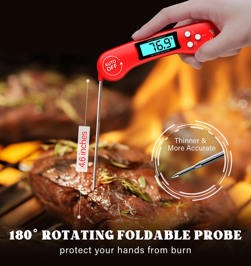 [Australia - AusPower] - DOQAUS Digital Meat Thermometer, Instant Read Food Thermometer for Cooking, Kitchen Thermometer Probe with Backlit & Reversible Display, Cooking Thermometer Temperature for Turkey Grill BBQ Candy Light Red 
