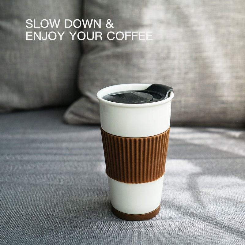 [Australia - AusPower] - UDMG Ceramic Double Wall Insulated Travel Coffee Cup with Slider Lid, Silicone Sleeve & Built-In Coaster, 10 fl.oz (Coffee) Coffee 10 fl.oz 