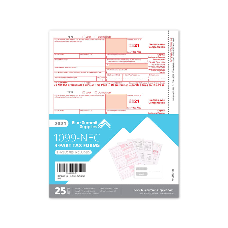 [Australia - AusPower] - Blue Summit Supplies 1099 NEC Tax Forms 2021 with 25 Self Seal Envelopes, 25 4 Part Tax Forms Kit, Compatible with QuickBooks and Accounting Software 
