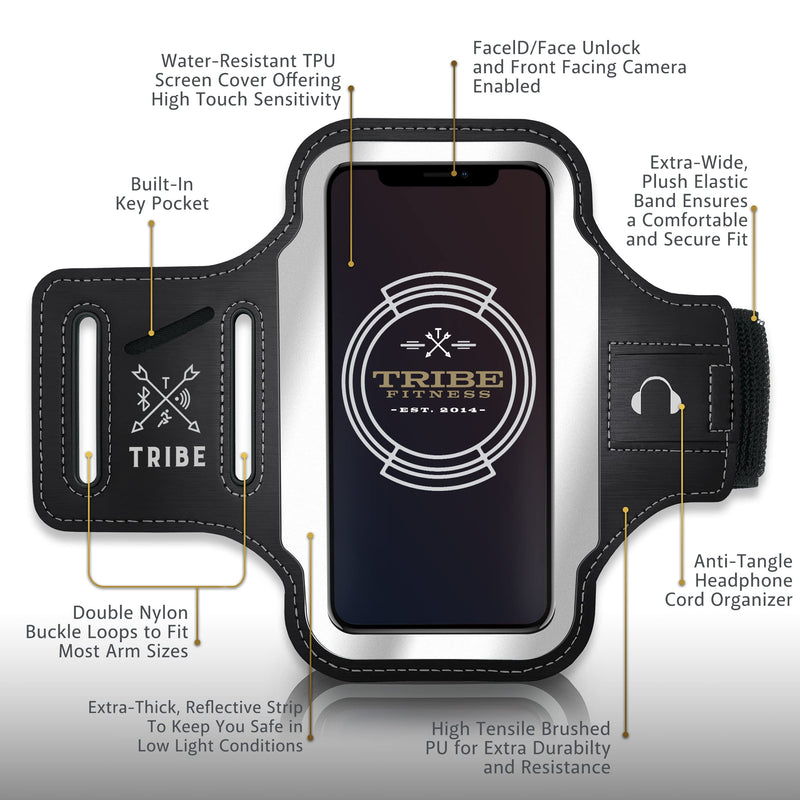 [Australia - AusPower] - TRIBE Running Phone Holder Armband. iPhone & Galaxy Cell Phone Sports Arm Bands for Women, Men, Runners, Jogging, Walking, Exercise & Gym Workout. Fits All Smartphones. Adjustable Strap, CC/Key Pocket S: iPhone Mini/8/7/6/5/4/3/SE/Galaxy Mini Black Grey 