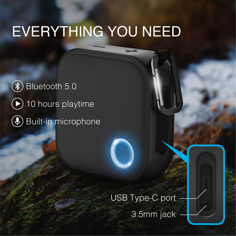 [Australia - AusPower] - Brookstone Big Blue Go Compact Wireless Bluetooth Speaker, Dustproof, IPX7 Water Resistant, Indoor/Outdoor, Deep Bass, 10HR Play-Time, Touch-and-Link, Portable Carabiner Clip, Built-in Mic Single 