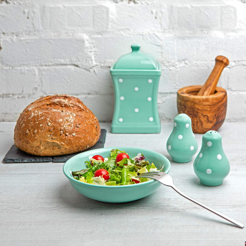 [Australia - AusPower] - Handmade Teal Blue and White Polka Dot Ceramic Salt and Pepper Pots, Shakers, Cruet Set, Holder, Housewarming Gift by City to Cottage® 