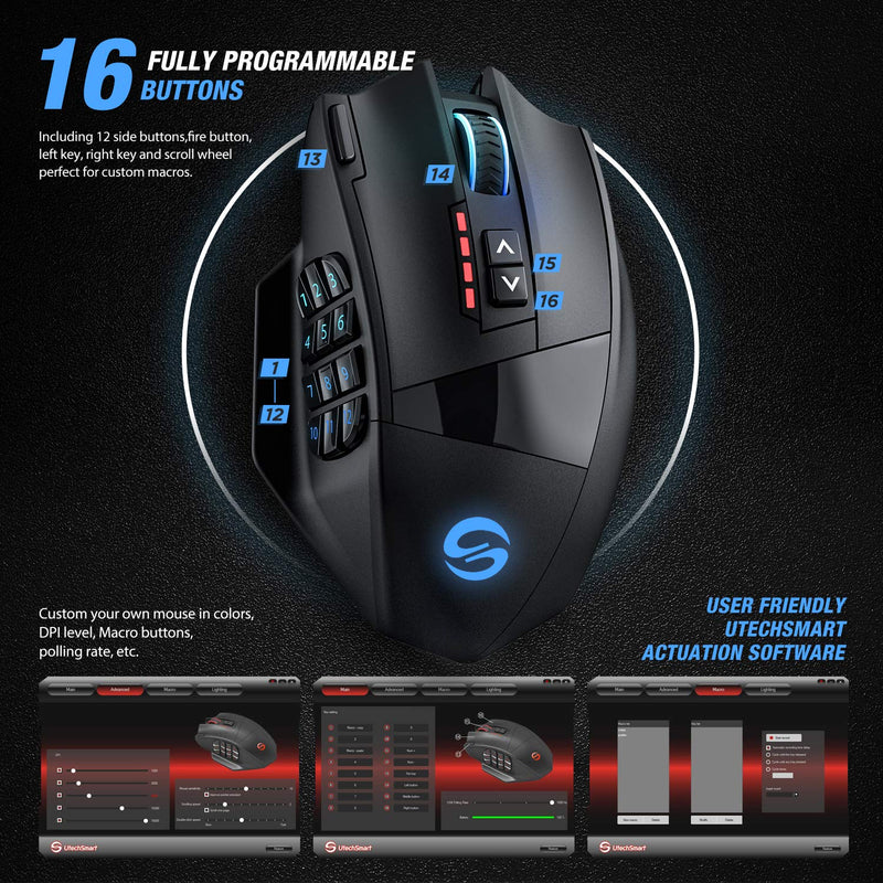 [Australia - AusPower] - UtechSmart Venus Pro RGB Wireless MMO Gaming Mouse, 16,000 DPI Optical Sensor, 2.4 GHz Transmission Technology, Ergonomic Design, 16M Chroma RGB Lighting, 16 programmable Buttons, Up to 70 Hours classic black 