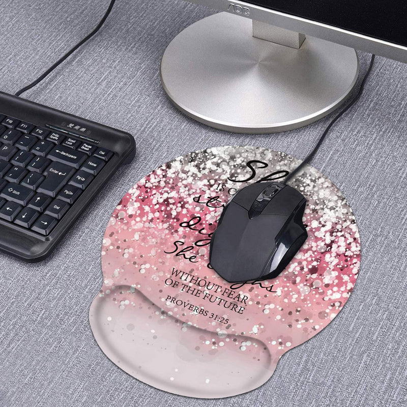 [Australia - AusPower] - Ergonomic Mouse Pad Wrist Support and Coasters Set, Cute Wrist Rest Pad with Non-Slip PU Base for Home Office Working Studying Easy Typing & Pain Relief, Pink Glitter Quote Bible Verse Proverbs 31:25 Bw-wrist Pad-27 