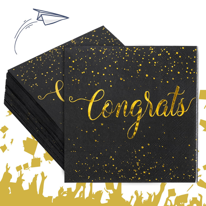 [Australia - AusPower] - Whaline 80 Pack Congratulations Paper Napkins 5 x 5 Inch Gold Foil Congrats Cocktail Napkins Black Graduation Party Disposable Beverage Napkins for Engagement Graduation Baby Shower Celebration Party 