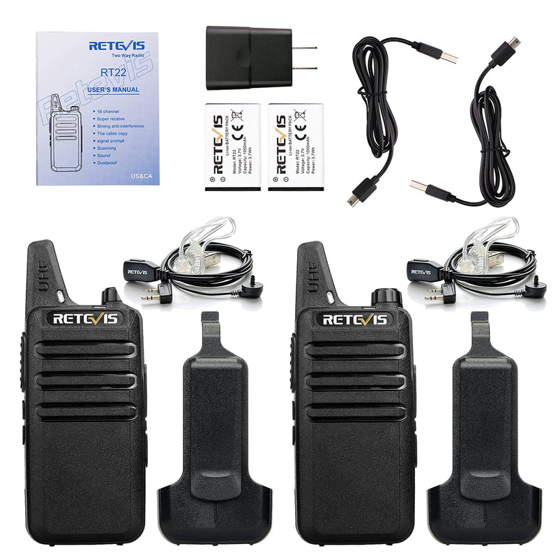 [Australia - AusPower] - Retevis RT22 Walkie Talkies, Mini 2 Way Radio Rechargeable, VOX Handsfree, Portable, Two-Way Radios Long Range with Earpiece, for Family Kids Road Trip Camping Hiking (2 Pack, Black) 