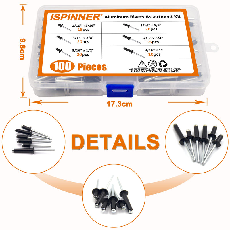 [Australia - AusPower] - ISPINNER 100pcs 6 Sizes Aluminum Blind Rivets, Pop Rivets Assortment Kit 3/16" x (5/16" 3/8" 1/2" 5/8" 3/4" 1") (Black) Black 