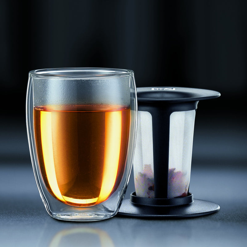 [Australia - AusPower] - Bodum One Tea Strainer with Pavina Double Wall Glass Set, 12 Oz, Black 