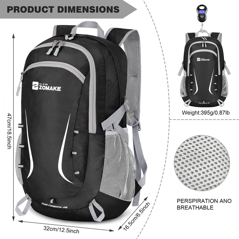 [Australia - AusPower] - Packable Hiking Backpack Water Resistant,40L Lightweight Daypack Foldable Backpack for Travel,By Zomake Black 