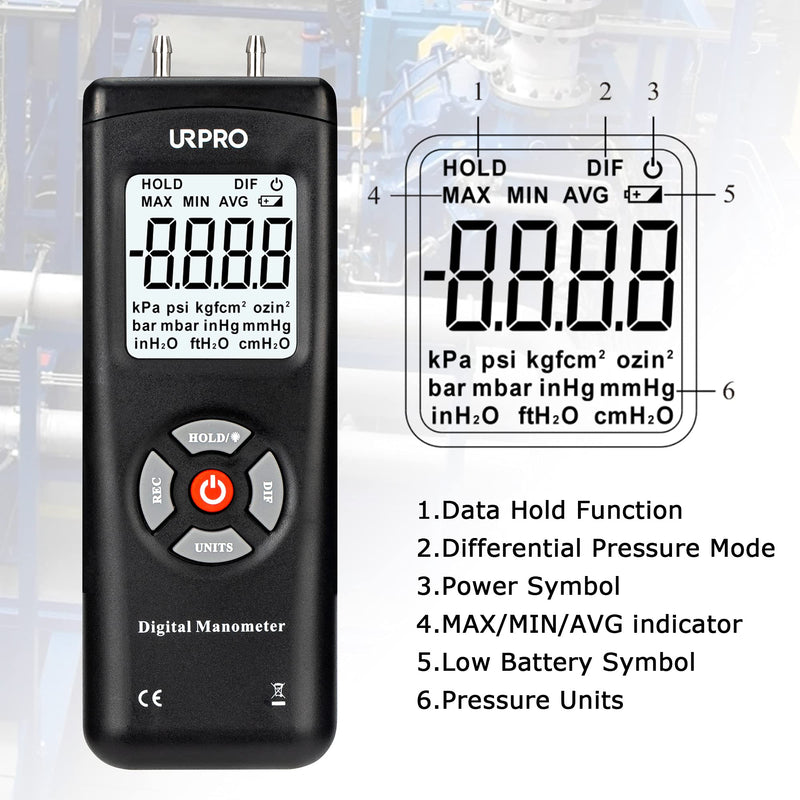 [Australia - AusPower] - Digital Handheld Manometer, URPRO HVAC Air Vacuum/Gas Differential Pressure Gauge Meter Tester ±13.78kPa ±2PSI, 11 Units w/Backlight, 1-2 Pipes Ventilation Air Condition System Measurement 