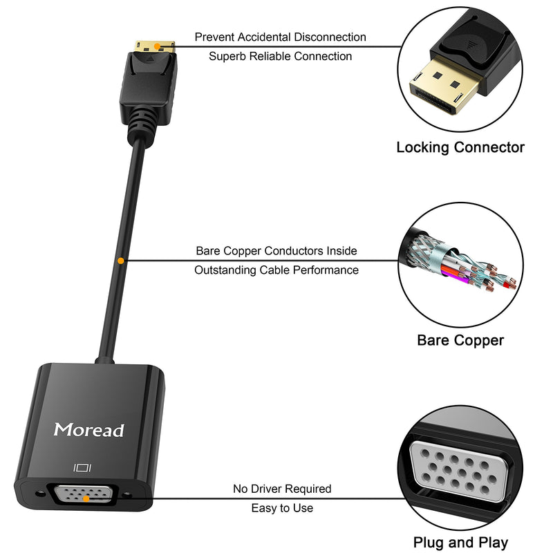 [Australia - AusPower] - Moread DisplayPort (DP) to VGA Adapter, Gold-Plated Display Port to VGA Adapter (Male to Female) Compatible with Computer, Desktop, Laptop, PC, Monitor, Projector, HDTV - Black 1 
