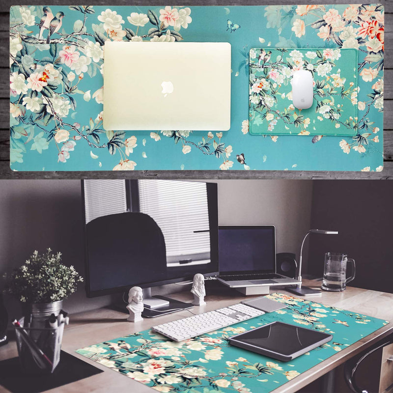 [Australia - AusPower] - Sanfulin Multifunctional PU Leather Office Desk Pad 35.4''X15.7'' with Floral Design + Mouse Pad 10.2''×8.3''×0.12'', Extended Large Non Slip Ultra Thin Waterproof Desk Writing Mat (Chinese Flower) Chinese Flower 