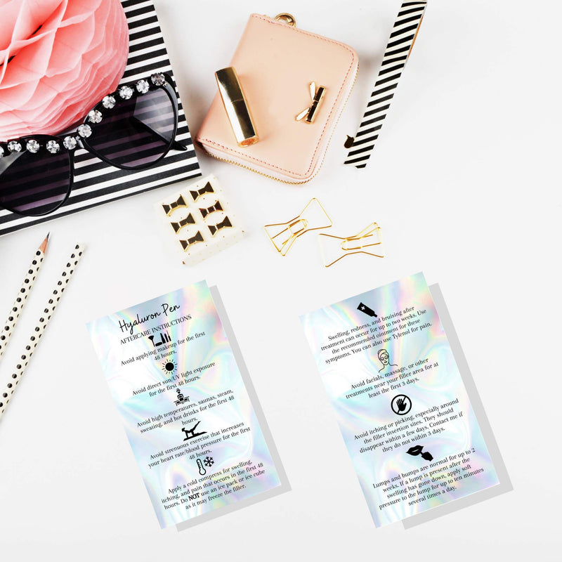 [Australia - AusPower] - Hyaluron Pen Filler Aftercare Card | 50 Pack | 2x3.5” inches Business Card Size | Non-Reflective Matte Rainbow Holographic Look Design 