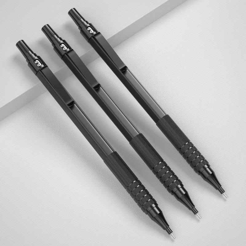 [Australia - AusPower] - Nicpro 0.5 mm Mechanical Pencils Set with Case, 3 Metal Artist Pencil With 6 Tubes HB Lead Refills, 3 Erasers, Eraser Refills For Architect Art Writing Drafting, Drawing, Engineering, Sketching, Black 