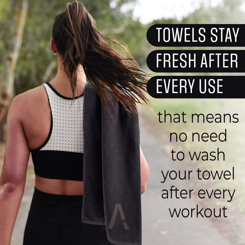 [Australia - AusPower] - Luxury Gym Towel for Sweat - 100% Organic Cotton - (15.75 X 31.5 inch) Soft and Absorbent Workout Towel - Silver Infused Sports Towel - Exercise and Gym Towel for Men and Women (Black) 