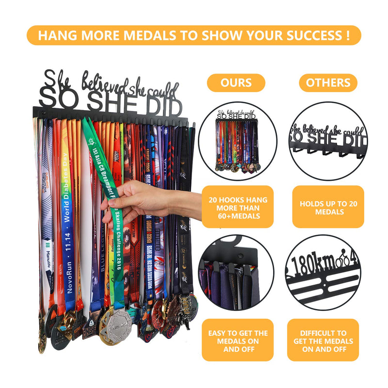 [Australia - AusPower] - Goutoports Medal Holder Display Hanger Frame for Sport Race Runner Rack-She Believed She Could -Sturdy Black Steel Metal Over 60 Medals Easy to Install 