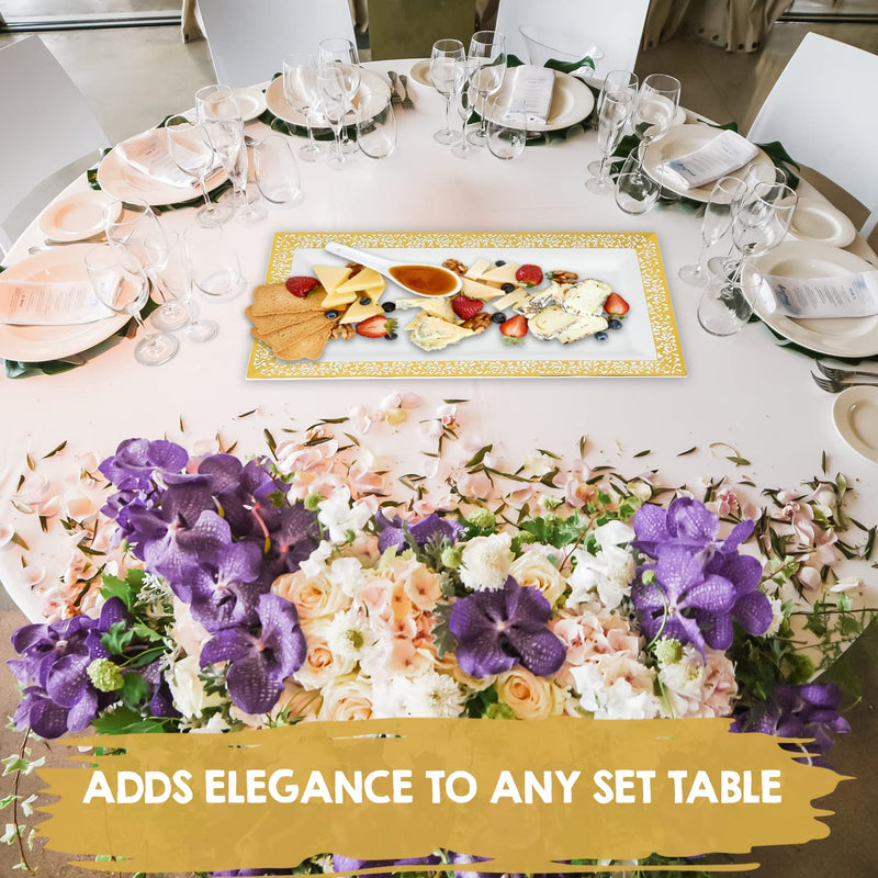[Australia - AusPower] - Yumchikel-Decorative Plastic Serving Tray & Platter Set (4pk) - Gold & White Disposable Party Trays & Platters for Food - Weddings, Upscale Parties, Dessert Table, Cupcake display - 14x7.5 inches 