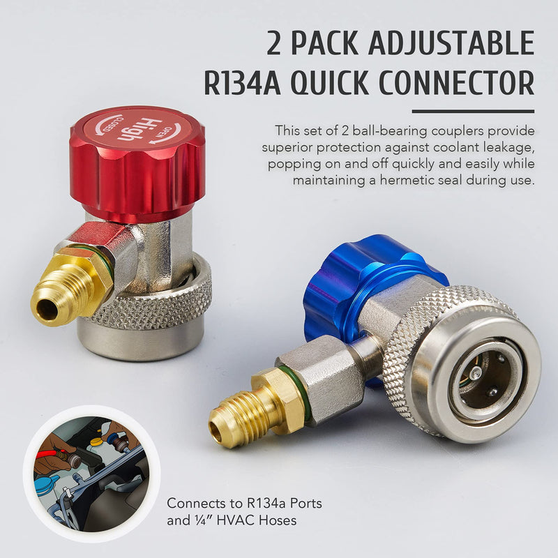 [Australia - AusPower] - ORION MOTOR TECH R134a Quick Coupler Adapter, Adjustable R134a Adapters and AC Hose Fittings, HP and LP Connectors for R134a Car AC System Evacuation Recharging and More, 1/4" Flares, Set of 2 