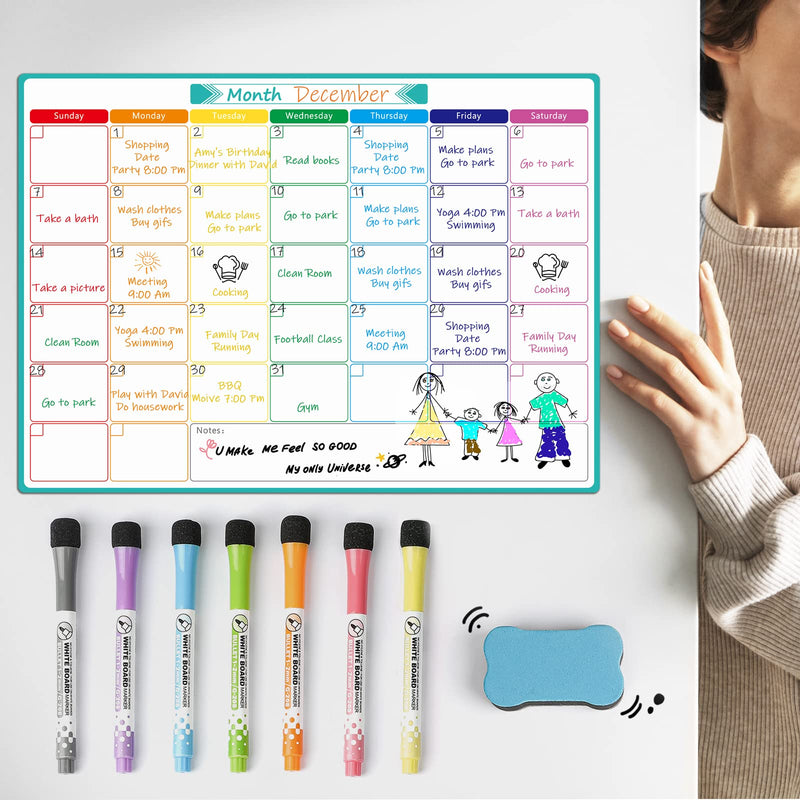 [Australia - AusPower] - MaxGear Magnetic Dry Erase Calendar for Fridge, Monthly Calendar WhiteBoard for Refrigerator with Stain Resistant Technology, 12" X 17" White Board Planner with 7 Fine Point Markers and 1 Eraser 