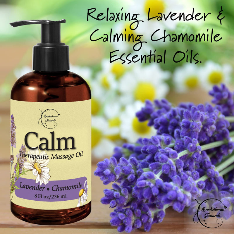 [Australia - AusPower] - Calm Massage Oil with Lavender & Chamomile Essential Oils to Relax Sore Muscles - for Massage Therapy & Home use – with Coconut, Grapeseed & Jojoba Oils for Smooth Skin– Brookethorne Naturals - 8oz 
