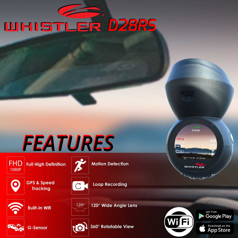 [Australia - AusPower] - Whistler D28RS FHD 1080P Dash Cam with Built-in WiFi, GPS Dashboard Camera, 1.2” LCD Screen, G-Sensor Security Camera for Car, Loop Recording, Parking Monitor, 120° Wide Angle 