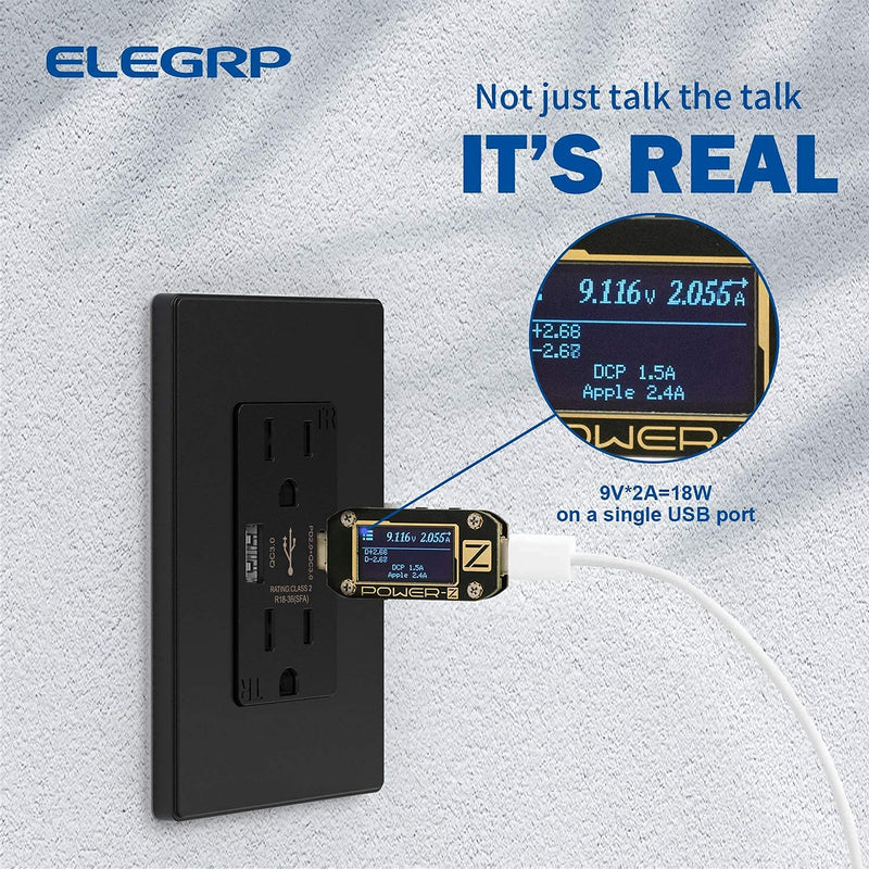 [Australia - AusPower] - ELEGRP 36W QC 3.0 PD 2.0 USB Wall Outlet, Type A & Type C Power Delivery and Quick Charge for iPhone/iPad/Samsung/LG/HTC/Android Devices, 15 Amp USB Receptacle, UL Listed, w/Wall Plate, 2 Pack, Black 15 Amp Outlet 