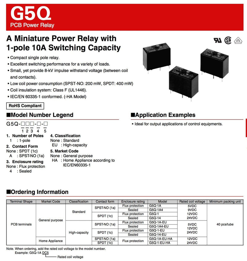 [Australia - AusPower] - OMRON (G5Q-14-EU 12DC & EEU-EB1J221) Power Relay, SPDT, 12VDC, SPDT 12VDC ClassF High-Capacity, Sealed, 220µF, 65V, Capacitor 
