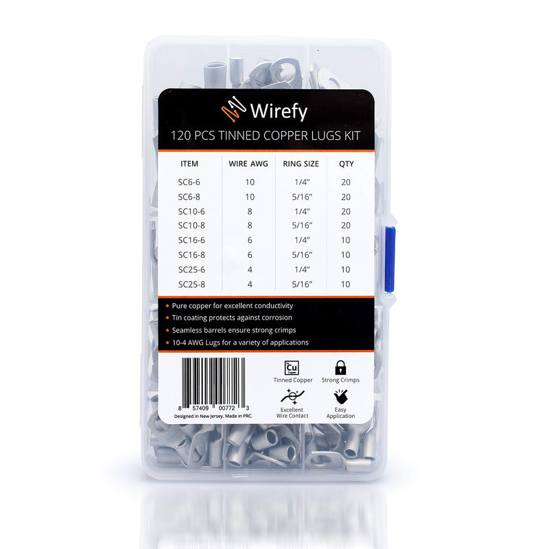 [Australia - AusPower] - Wirefy 120 PCS Tinned Copper Wire Lugs Kit - Battery Lugs - Crimp Battery Cable Ends - Ring Terminals - 10-4 Gauge 120 PCS Kit - 10-4 AWG 