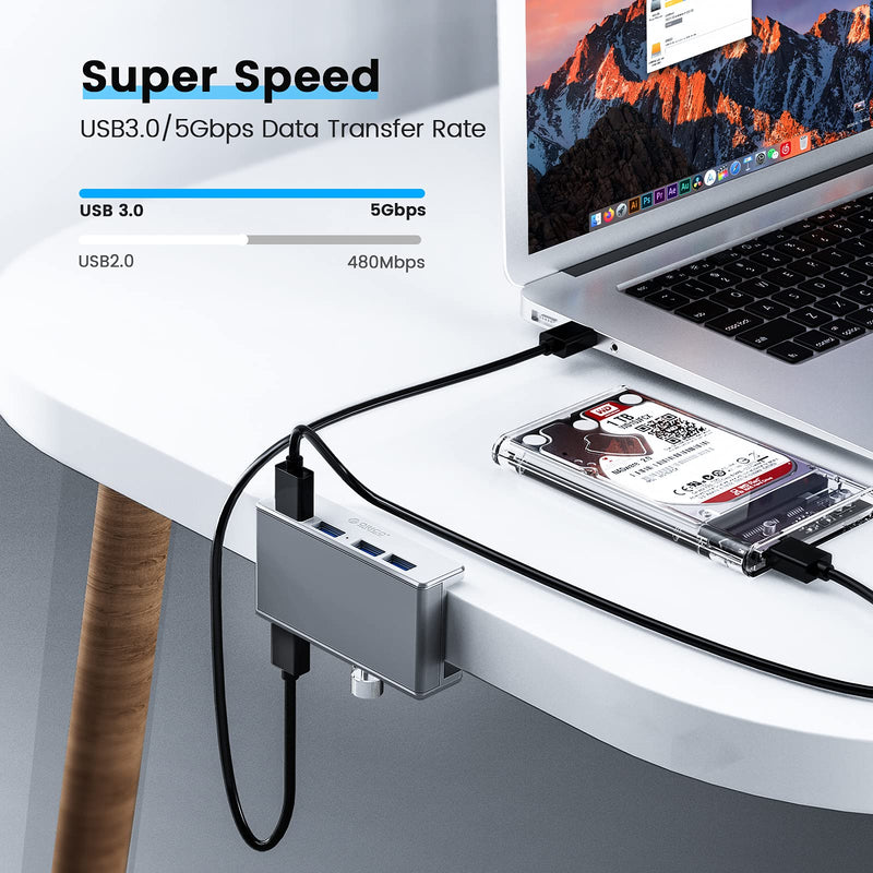 [Australia - AusPower] - ORICO 4 Port USB 3.0 Hub Clamps on Monitor or Table, USB A/A and A/C Cable Included(4.92FT), Extra Power Supply Port, Space-Saving Mountable Aluminum USB Hub for iMac, All-in-One Desktop Computer 4 port + 2 Data Cable 