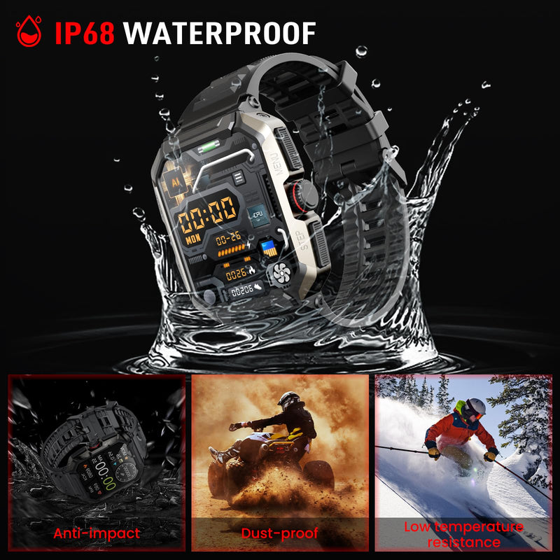 [Australia - AusPower] - Smart Watches for Men, 1.85" HD Display 400mAh Rugged Smartwatch with Bluetooth Call Tactical IP68 Waterproof Smart Watch Outdoor Fitness Tracker with Heart Rate Monitor for iOS Android Phone Black 