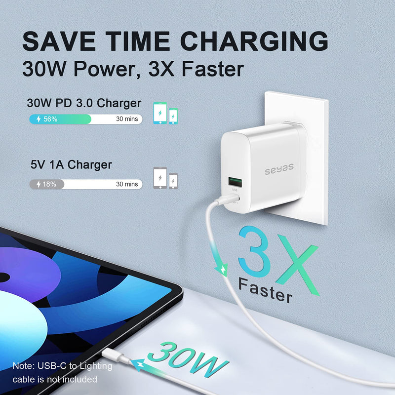 [Australia - AusPower] - USB Wall Charger, 30W 2 Port Charger with 18W USB C Power Adapter, Foldable Powerport PD Fast Charger for iPhone 12/12 Mini / 12 Pro / 12 Pro Max / 11 / X/XR/XS, iPad Pro, Pixel, Galaxy White 