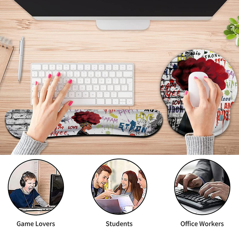 [Australia - AusPower] - Ergonomic Mouse Pad Wrist Support Gel and Keyboard Wrist Rest Set for Laptop, Mac, Gaming and Office, Durable, Comfortable and Pain Relief + Coaster, African Black Woman Graffiti Girls 